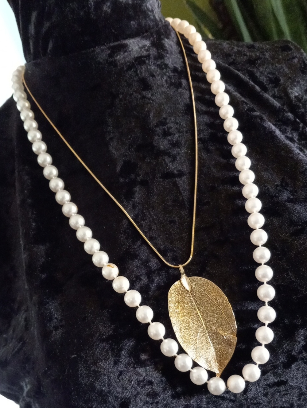 Time and Tru Gold Leaf Pendant Necklace with White Pearl Strand